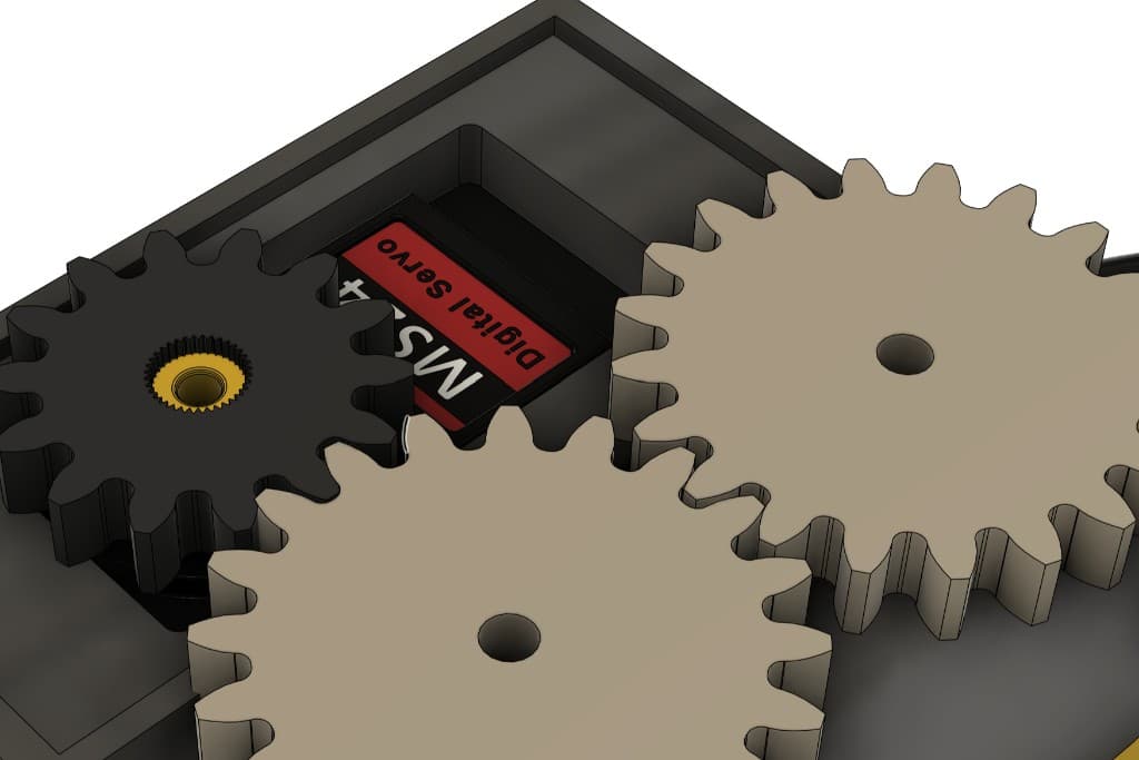 V1 gripper gear train close-up with MS24 digital servo
