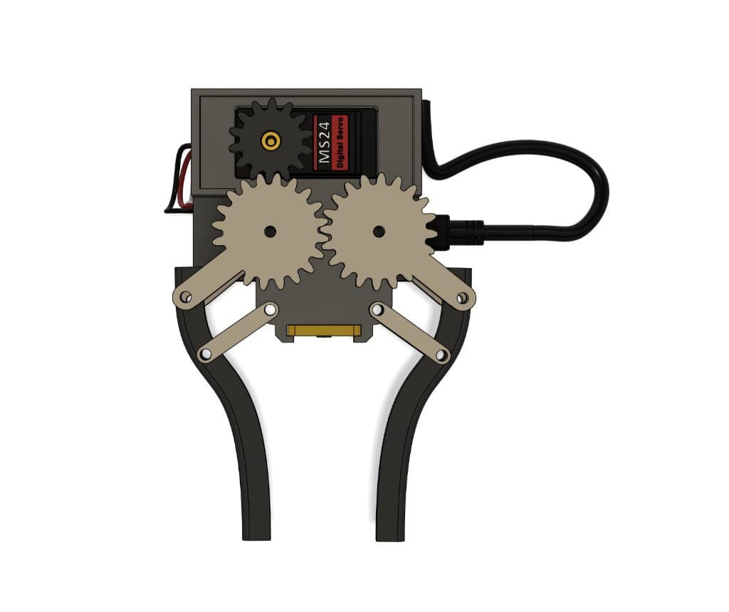 V1 gripper top-down view with MS24 servo and gear linkage