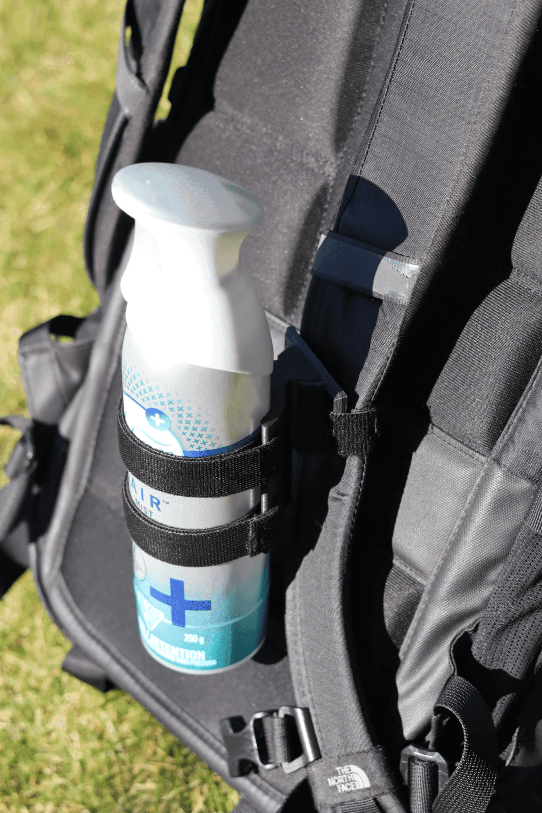 Front view of prototype mounted on backpack shoulder strap