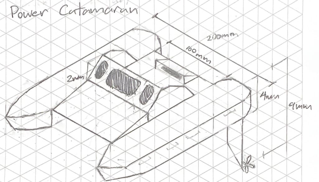 Hand-drawn Power Catamaran concept sketch with dimension notes
