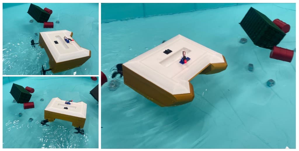 V4 prototype in the test pool, rear propellers, deck electronics, and obstacle navigation
